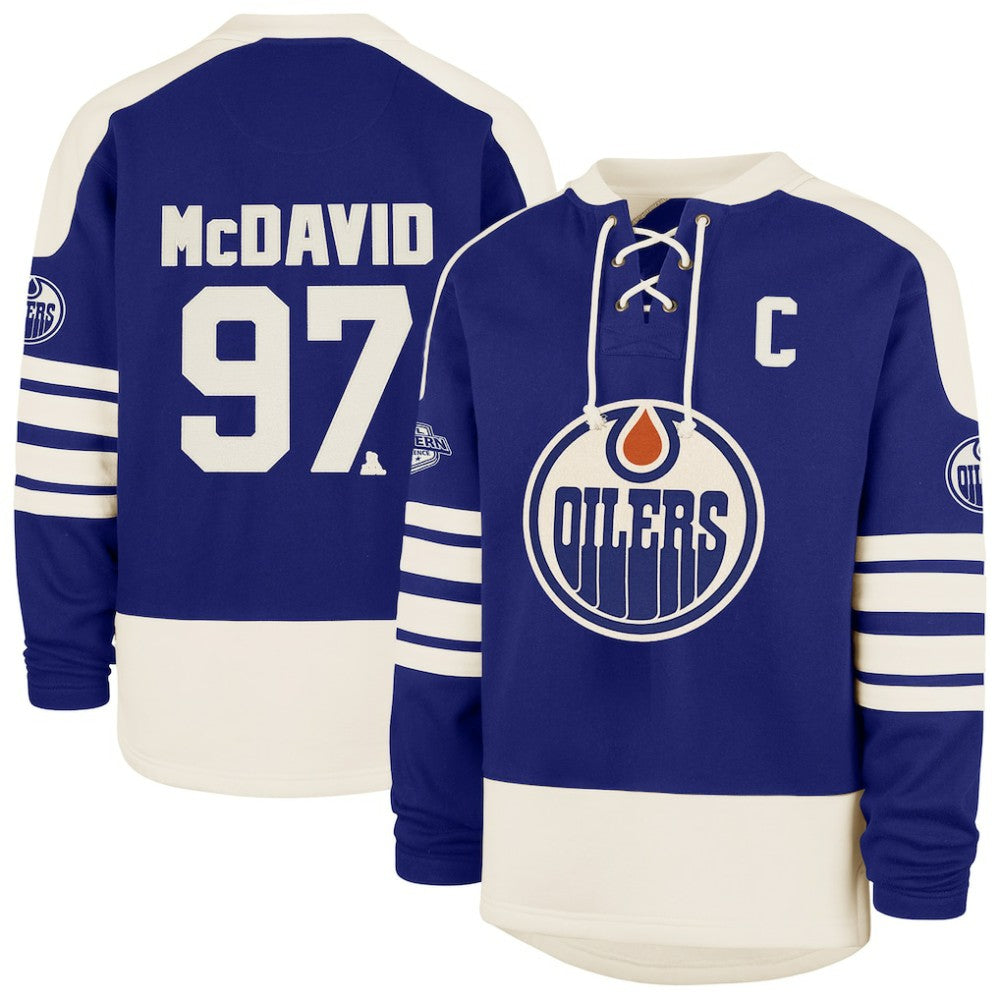Connor McDavid Edmonton Oilers '47 Player Name & Number Sweep Check Eternal Lacer Sweatshirt - Royal | US 202784307