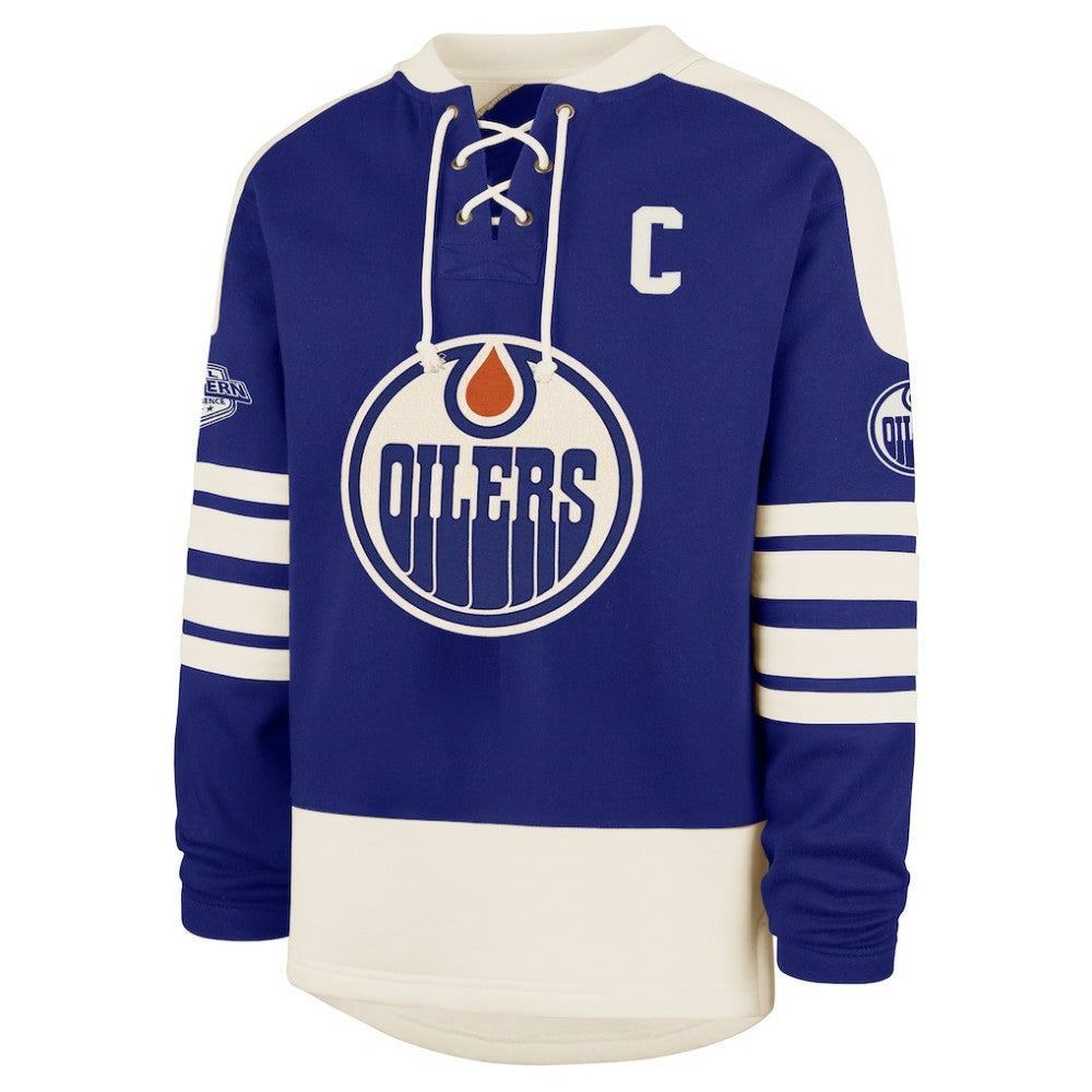 Connor McDavid Edmonton Oilers '47 Player Name & Number Sweep Check Eternal Lacer Sweatshirt - Royal | US 202784307