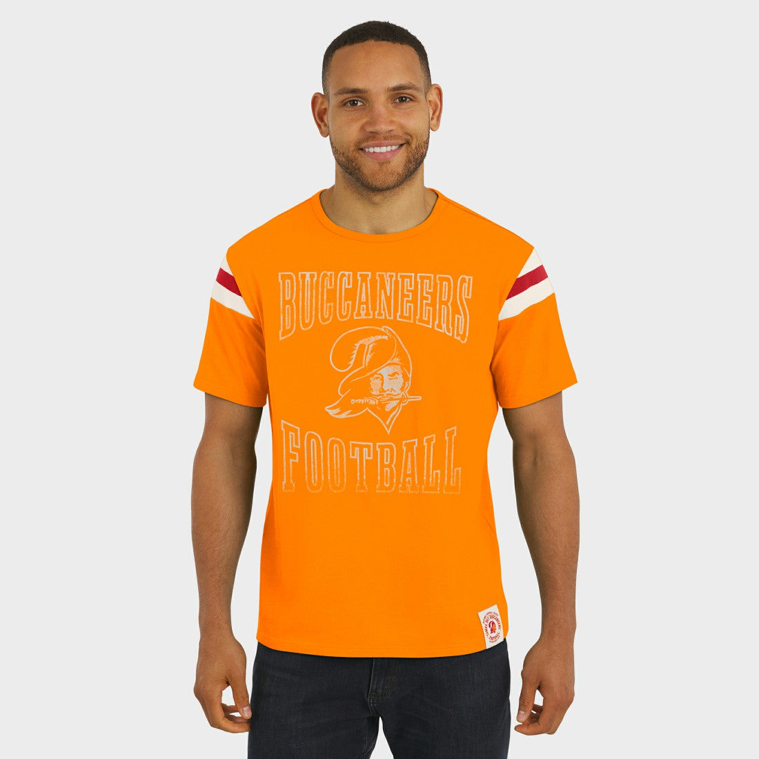 Tampa Bay Buccaneers Darius Rucker Collection Distressed Throwback Shoulder Stripe T-Shirt - Orange T-shirts