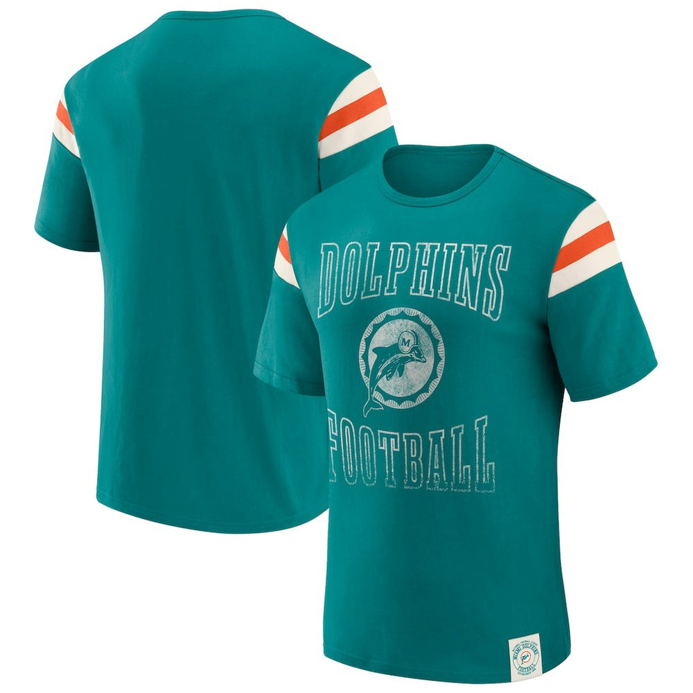 Miami Dolphins Darius Rucker Collection Distressed Throwback Shoulder Stripe T-Shirt - Aqua T-shirts