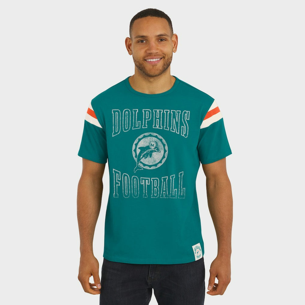 Miami Dolphins Darius Rucker Collection Distressed Throwback Shoulder Stripe T-Shirt - Aqua T-shirts