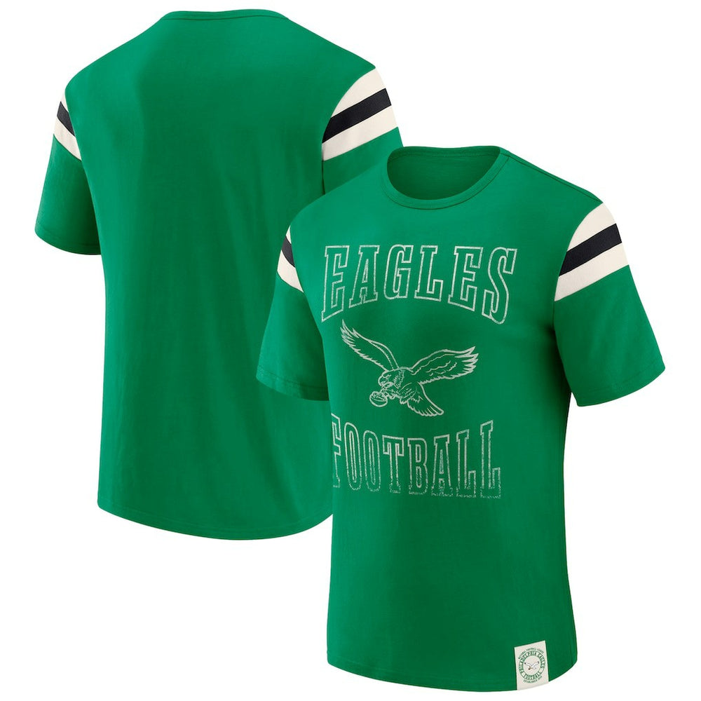 Philadelphia Eagles Darius Rucker Collection Distressed Throwback Shoulder Stripe T-Shirt - Kelly Green T-shirts