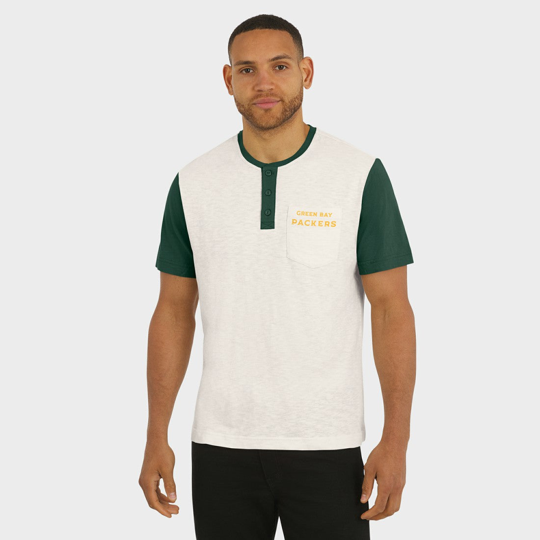 Green Bay Packers Darius Rucker Collection Henley Colorblock Slub Pocket T-Shirt - Cream T-shirts