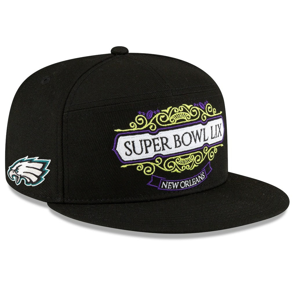 Philadelphia Eagles New Era Super Bowl LIX Tarmac Split Panel 9FIFTY Snapback Hat - Black Hats