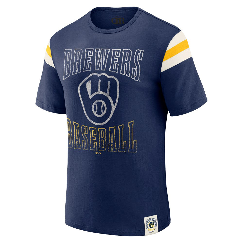 Milwaukee Brewers Darius Rucker Collection by Fanatics Distressed Sleeve Stripe T-Shirt - Navy T-shirts