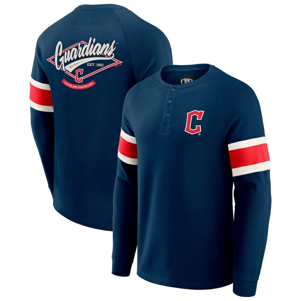 Cleveland Guardians Darius Rucker Collection by Fanatics Waffle-Knit Raglan Long Sleeve Henley T-Shirt - Navy T-shirts