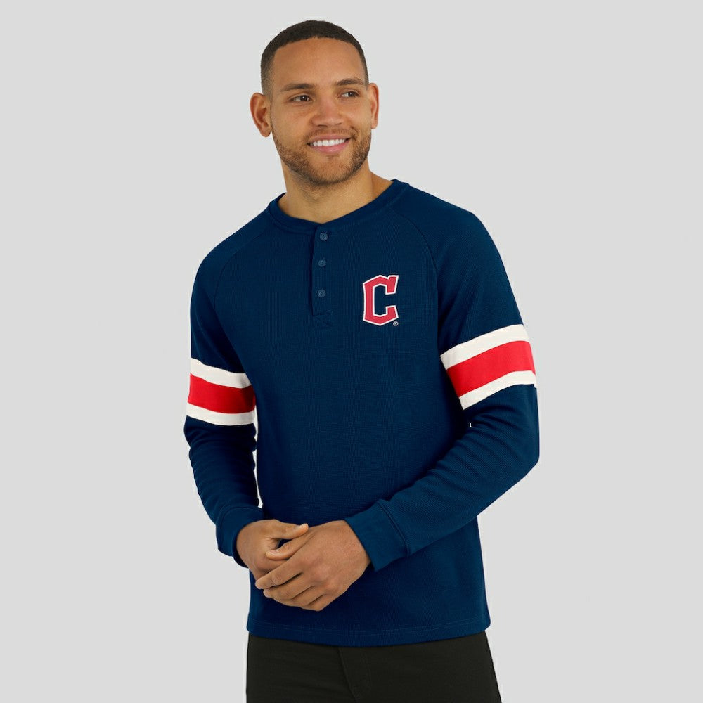 Cleveland Guardians Darius Rucker Collection by Fanatics Waffle-Knit Raglan Long Sleeve Henley T-Shirt - Navy T-shirts