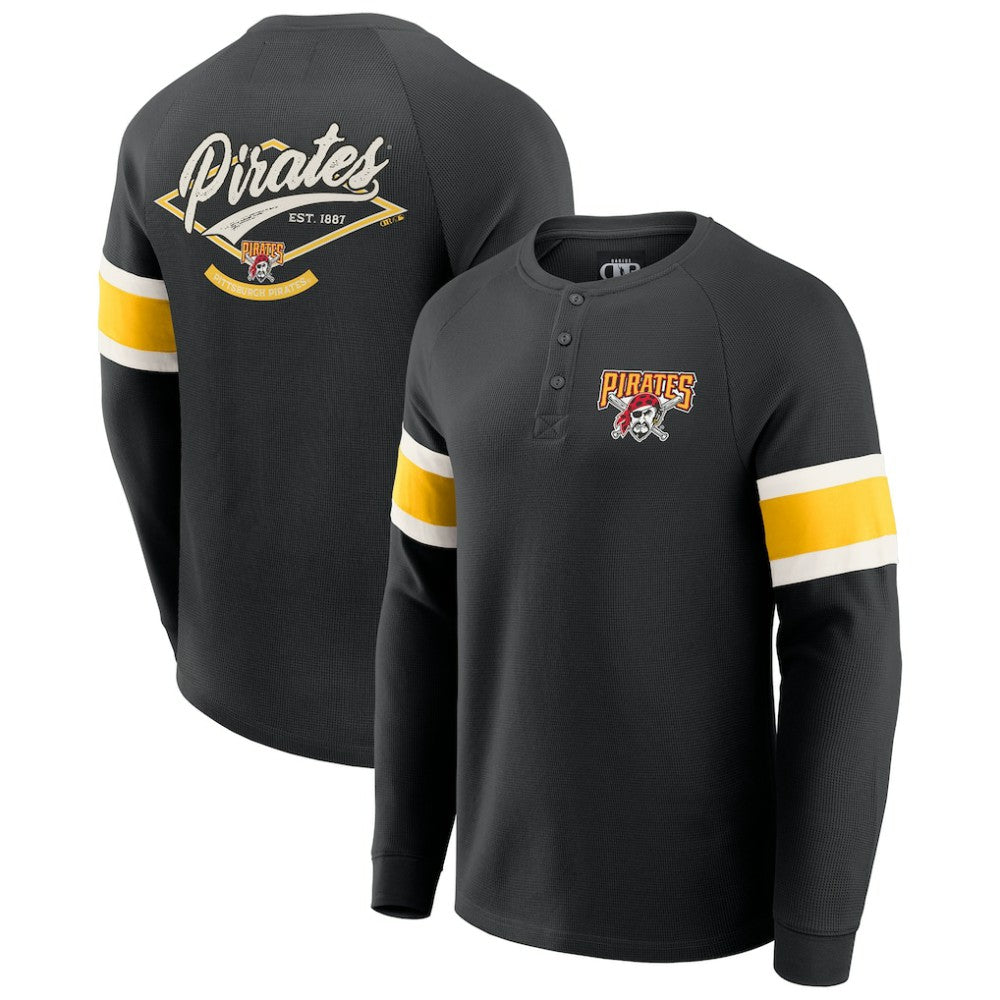 Pittsburgh Pirates Darius Rucker Collection by Fanatics Waffle-Knit Raglan Long Sleeve Henley T-Shirt - Black T-shirts