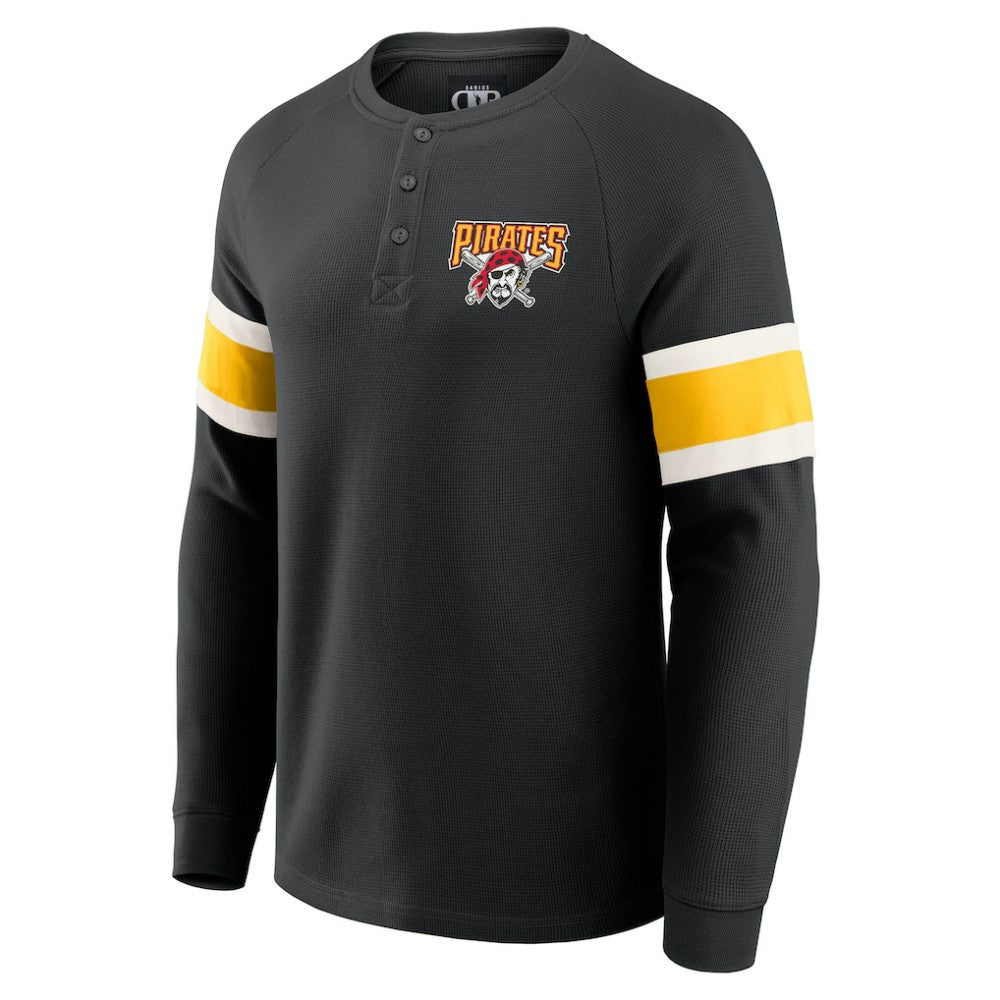 Pittsburgh Pirates Darius Rucker Collection by Fanatics Waffle-Knit Raglan Long Sleeve Henley T-Shirt - Black T-shirts