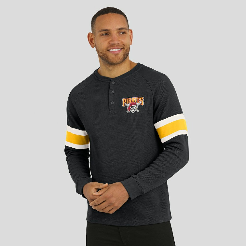 Pittsburgh Pirates Darius Rucker Collection by Fanatics Waffle-Knit Raglan Long Sleeve Henley T-Shirt - Black T-shirts