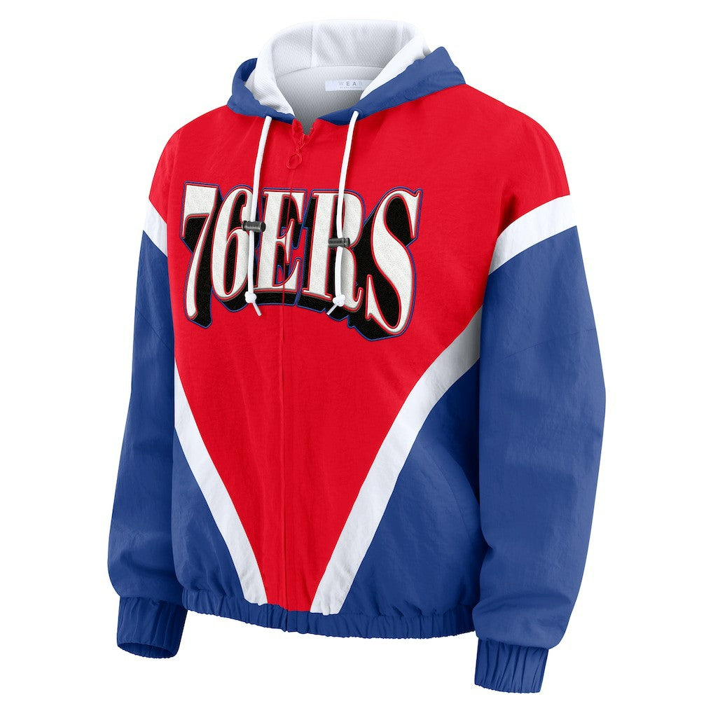 Philadelphia 76ers WEAR by Erin Andrews Women's Colorblock Full-Zip Hoodie Windbreaker Jacket Red/Royal