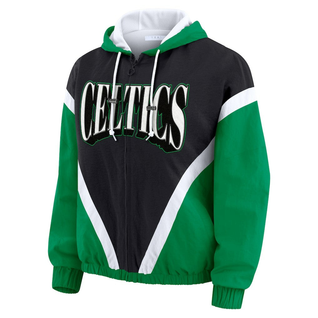 Boston Celtics WEAR by Erin Andrews Women's Colorblock Full-Zip Hoodie Windbreaker Jacket Black/Kelly Green