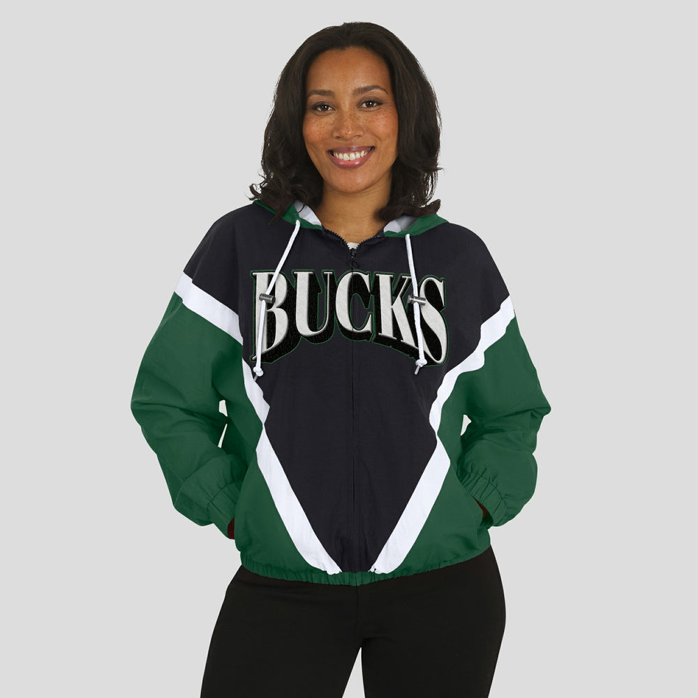 Milwaukee Bucks WEAR by Erin Andrews Women's Colorblock Full-Zip Hoodie Windbreaker Jacket Black/Hunter Green