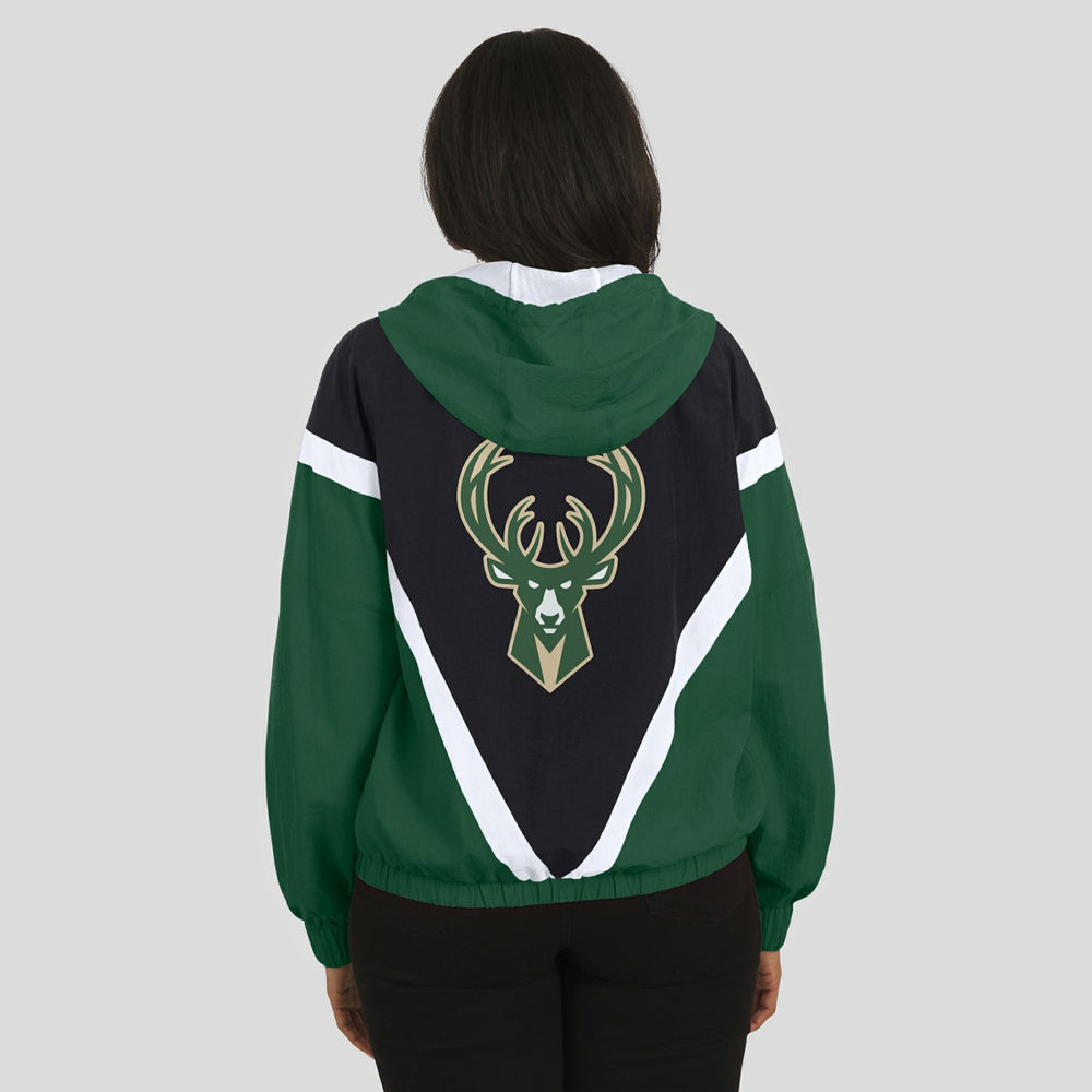 Milwaukee Bucks WEAR by Erin Andrews Women's Colorblock Full-Zip Hoodie Windbreaker Jacket Black/Hunter Green