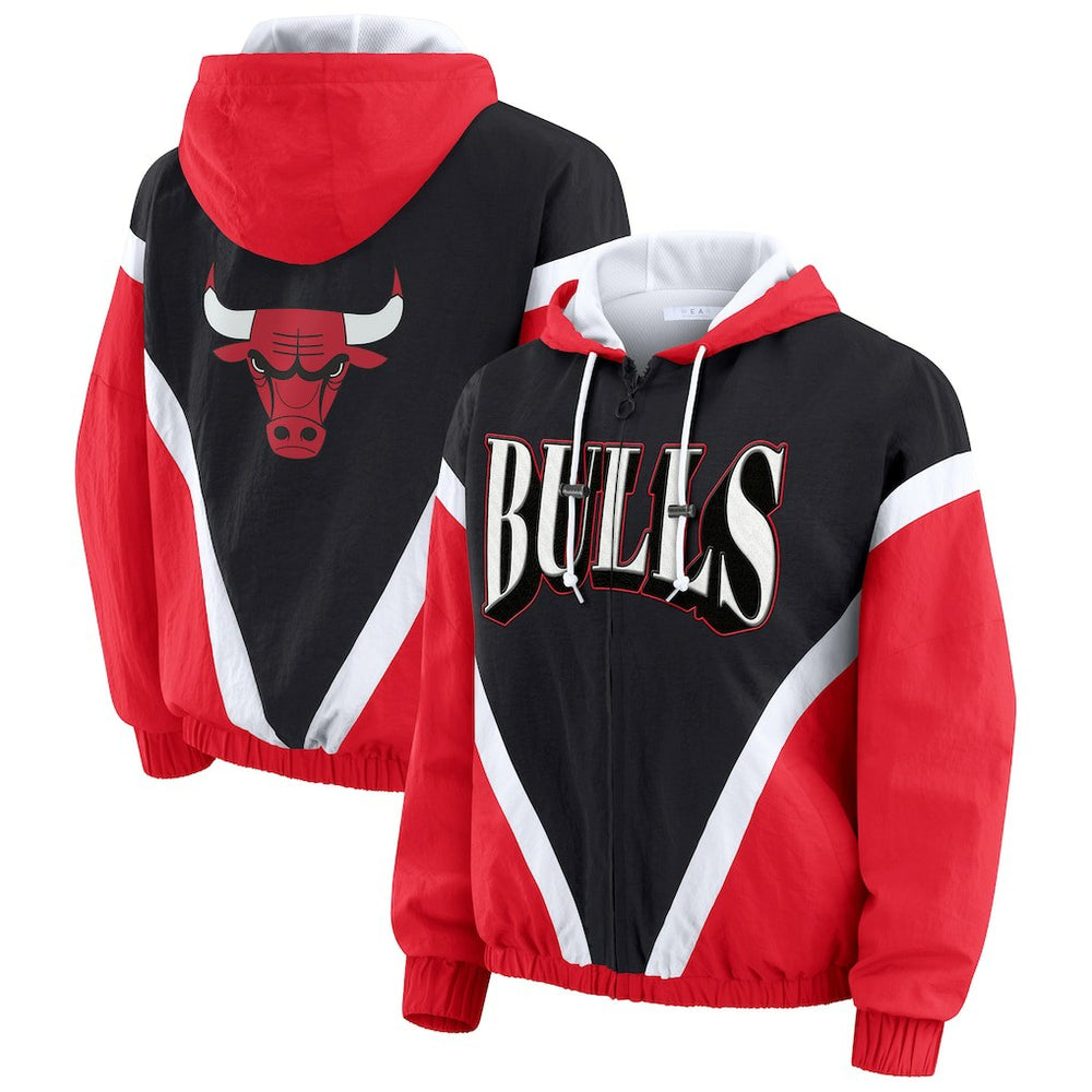 Chicago Bulls WEAR by Erin Andrews Women's Colorblock Full-Zip Hoodie Windbreaker Jacket Black/Red