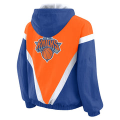 New York Knicks WEAR by Erin Andrews Women's Colorblock Full-Zip Hoodie Windbreaker Jacket Orange/Royal outlet
