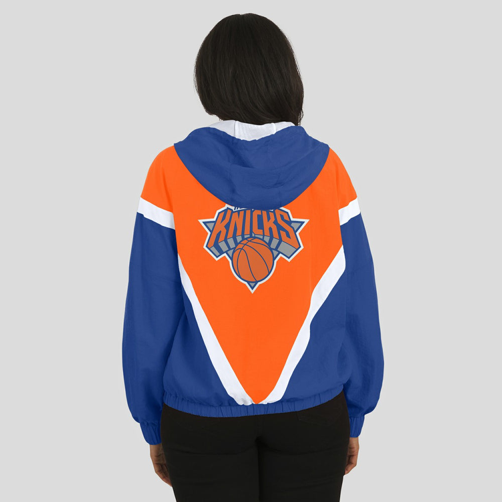 New York Knicks WEAR by Erin Andrews Women's Colorblock Full-Zip Hoodie Windbreaker Jacket Orange/Royal outlet