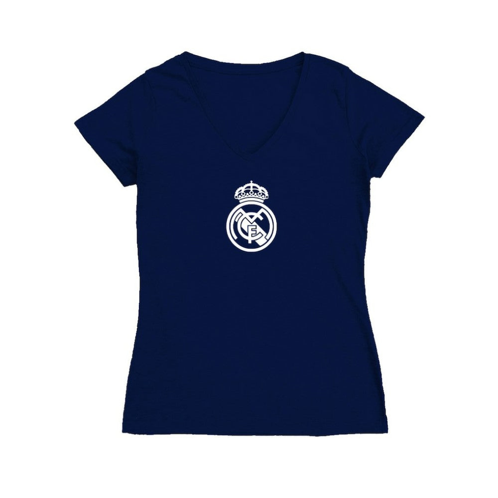 Real Madrid Vive La Fete Women's Color Badge V-Neck Fitted T-Shirt Navy