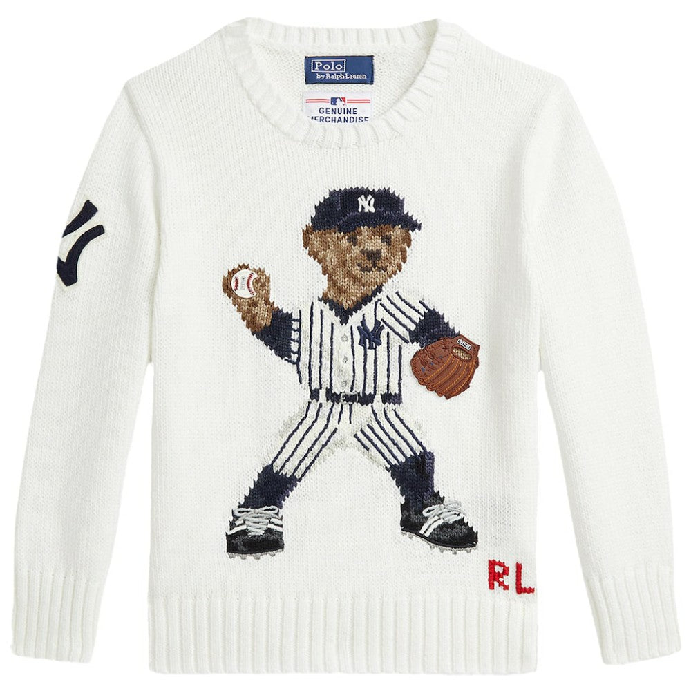 Yankees Polo Ralph Lauren Preschool  Bear Pullover Sweater - White Pullover