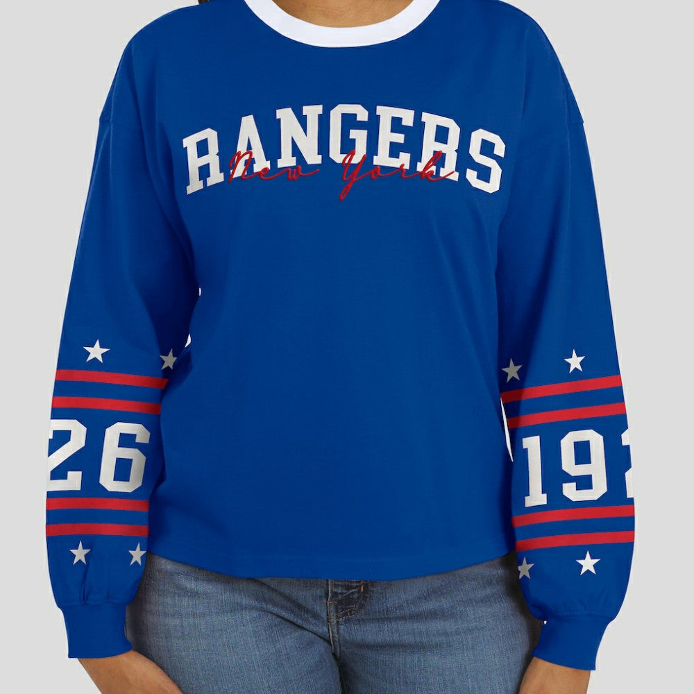New York Rangers WEAR by Erin Andrews Women's Long-Sleeve Sport T-Shirt - Blue | US 202830817