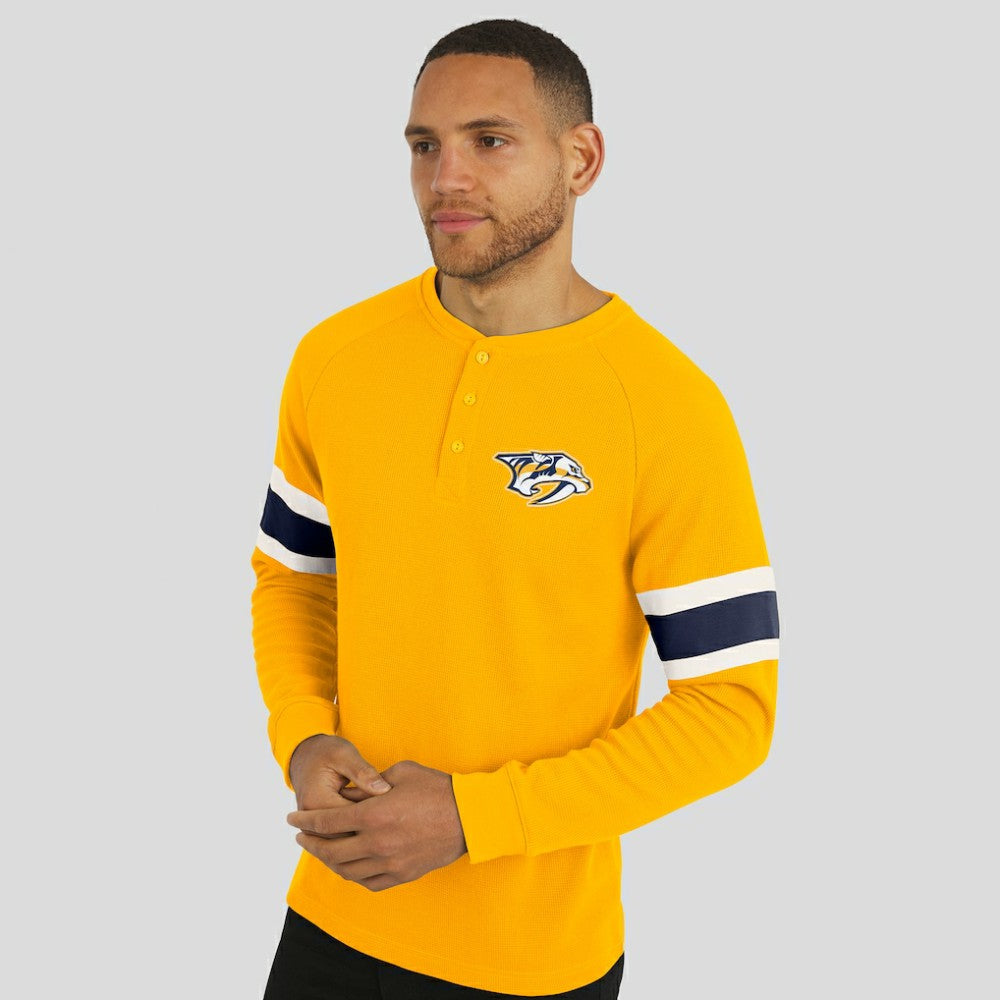 Nashville Predators Darius Rucker Collection by Fanatics Waffle-Knit Raglan Long Sleeve Henley T-Shirt - Gold | US 202831283