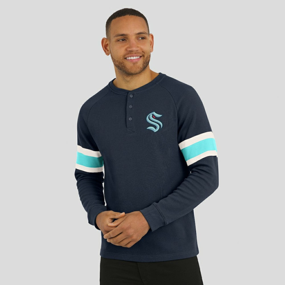 Seattle Kraken Darius Rucker Collection by Fanatics Waffle-Knit Raglan Long Sleeve Henley T-Shirt - Deep Sea Blue | US 202831287