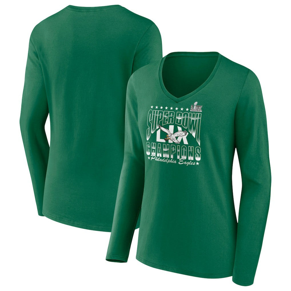 Philadelphia Eagles Women's Super Bowl LIX Champions Retro Logo Long Sleeve V-Neck T-Shirt - Kelly Green T-shirts