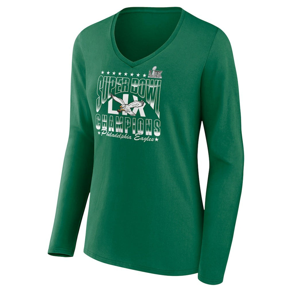 Philadelphia Eagles Women's Super Bowl LIX Champions Retro Logo Long Sleeve V-Neck T-Shirt - Kelly Green T-shirts