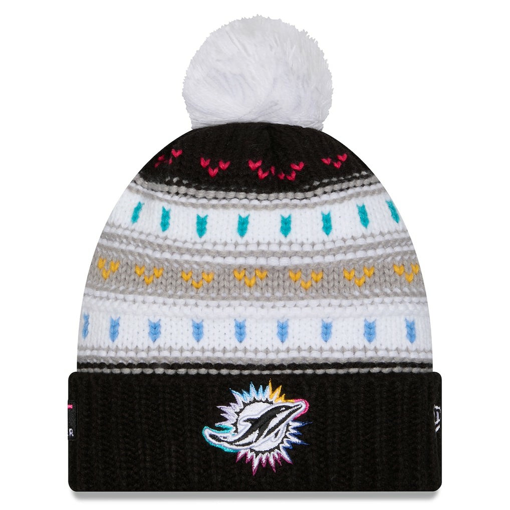 Miami Dolphins New Era Women's 2025 NFL Crucial Catch Cuffed Knit Hat with Pom - Black Hats