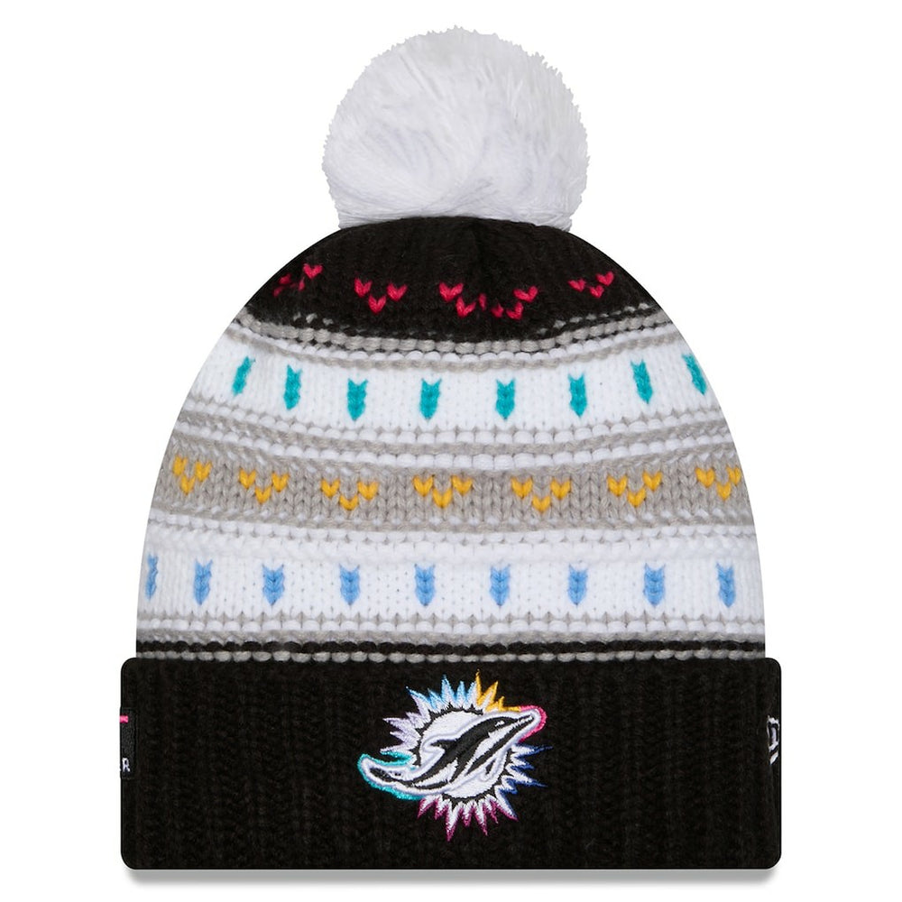 Miami Dolphins New Era Women's 2025 NFL Crucial Catch Cuffed Knit Hat with Pom - Black Hats