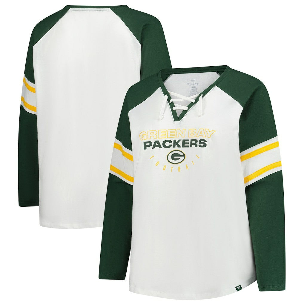 Green Bay Packers Women's Plus Size Redzone Lace Up Long Sleeve T-Shirt - White T-shirts