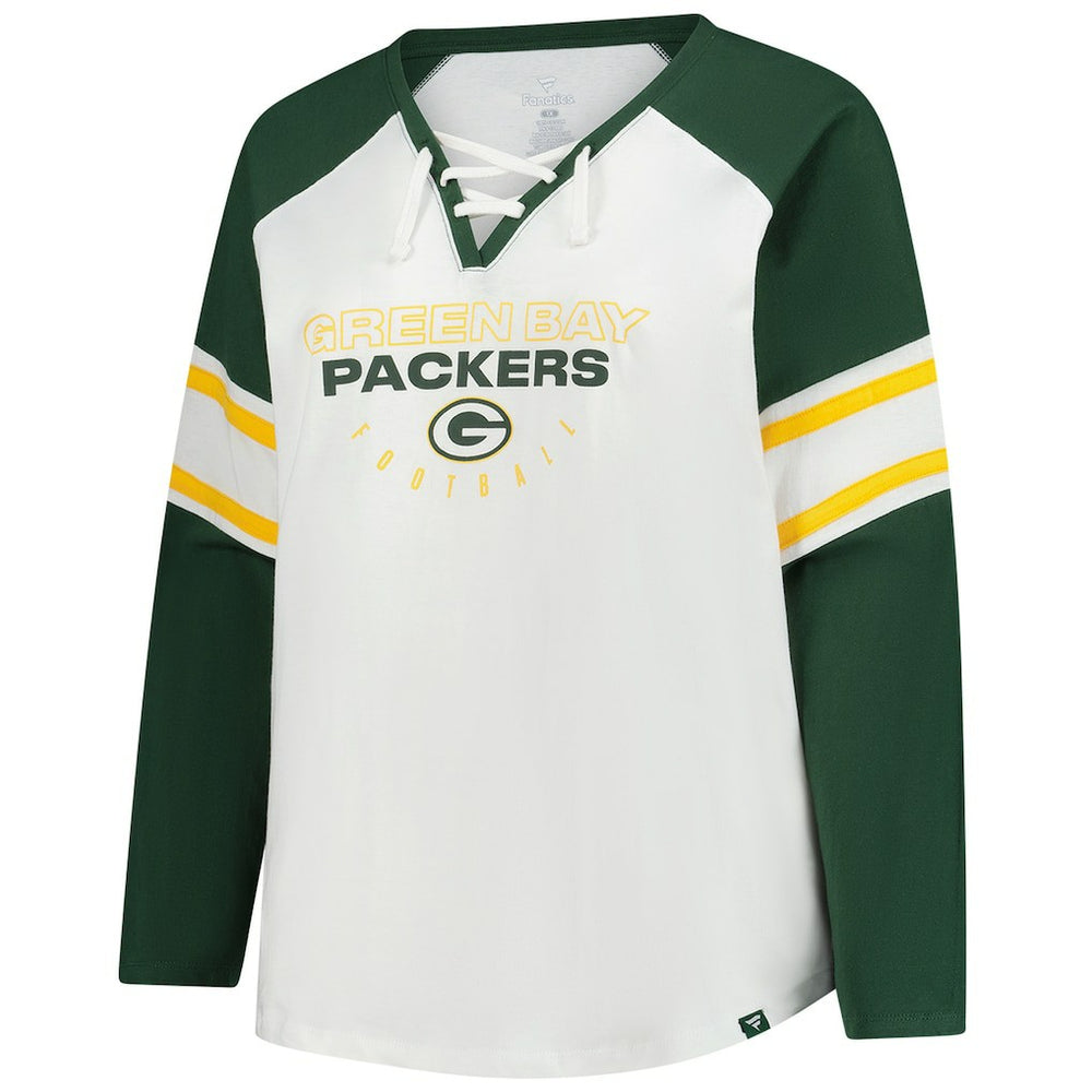 Green Bay Packers Women's Plus Size Redzone Lace Up Long Sleeve T-Shirt - White T-shirts
