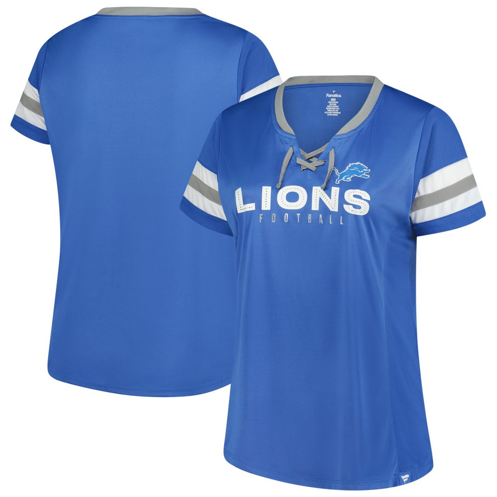 Detroit Lions Women's Plus Size Rhinestone Redzone Athena Lace-Up Notch Neck T-Shirt - Blue T-shirts