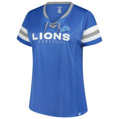 Detroit Lions Women's Plus Size Rhinestone Redzone Athena Lace-Up Notch Neck T-Shirt - Blue T-shirts