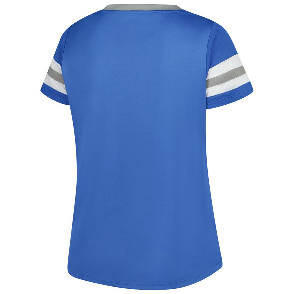 Detroit Lions Women's Plus Size Rhinestone Redzone Athena Lace-Up Notch Neck T-Shirt - Blue T-shirts