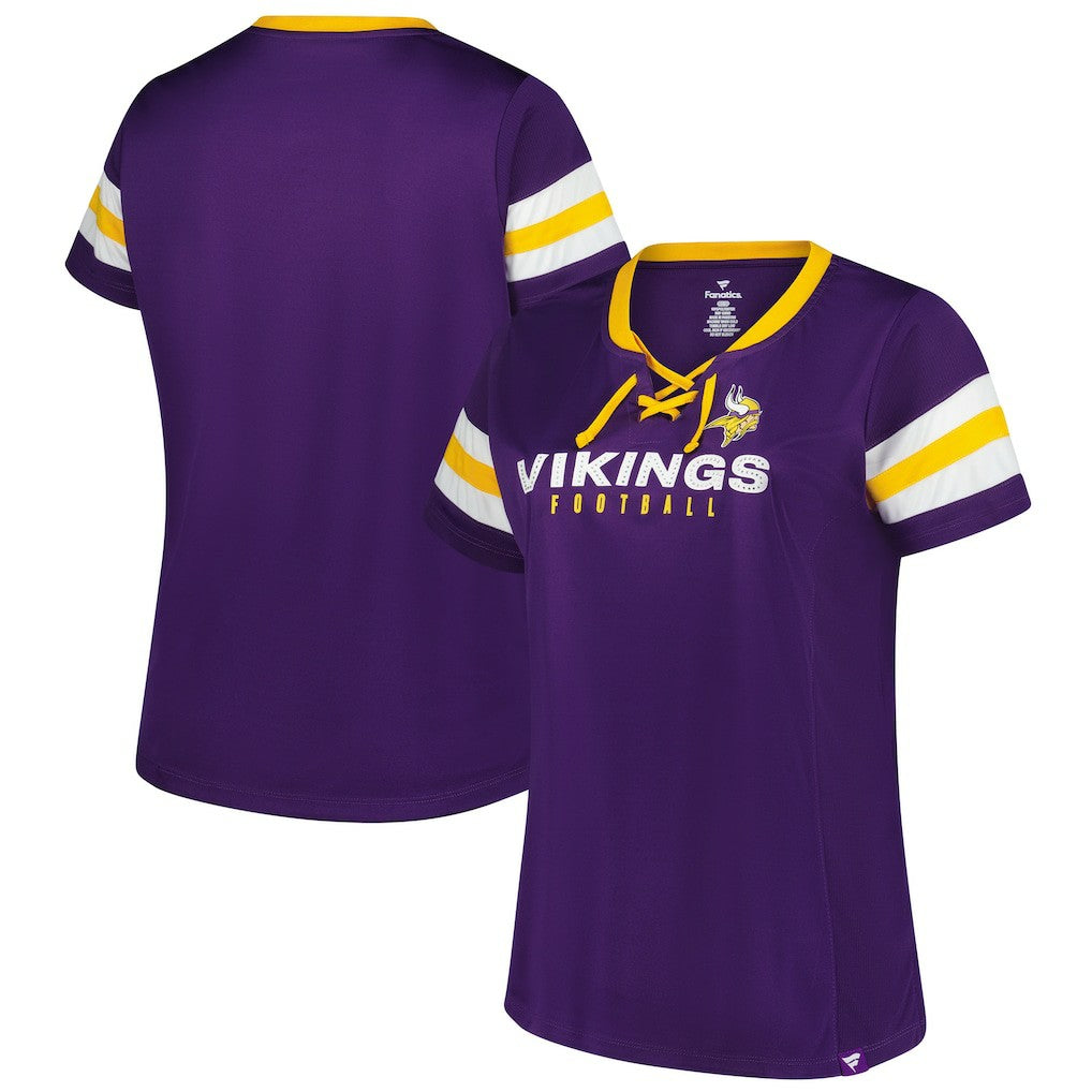 Minnesota Vikings Women's Plus Size Rhinestone Redzone Athena Lace-Up Notch Neck T-Shirt - Purple T-shirts