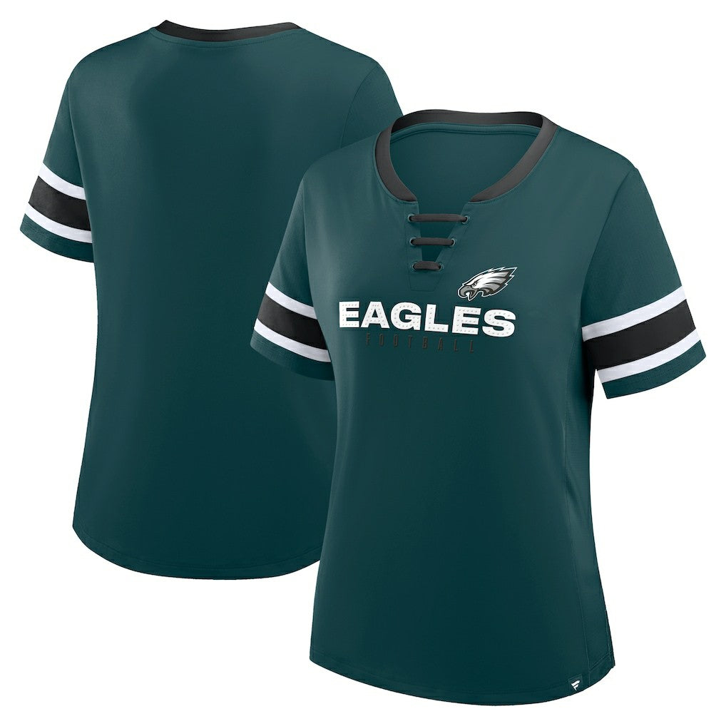 Philadelphia Eagles Women's Plus Size Red Zone Athena Lace-Up V-Notch Neck T-Shirt - Midnight Green T-shirts