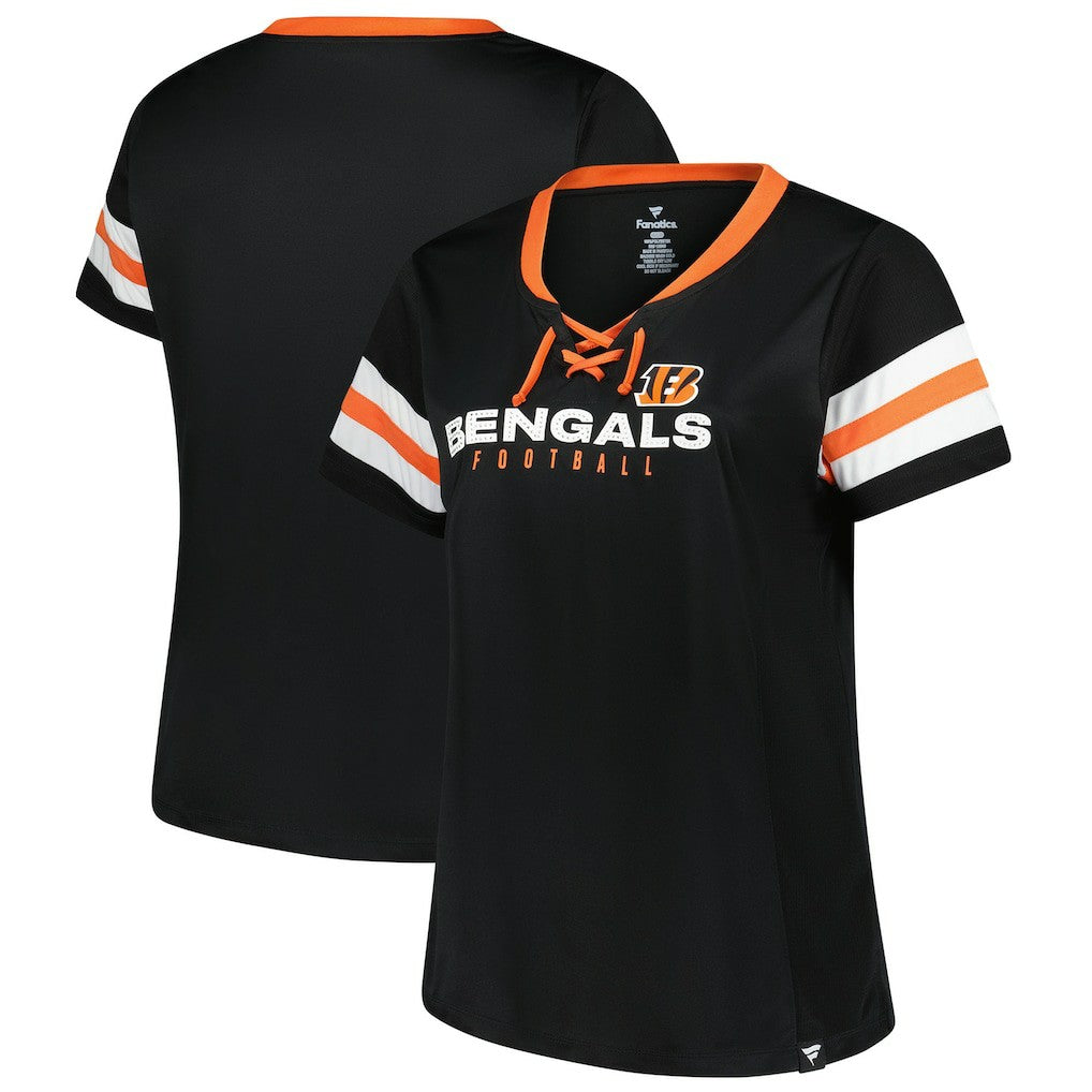 Cincinnati Bengals Women's Plus Size Red Zone Athena Lace-Up V-Notch Neck T-Shirt - Black T-shirts