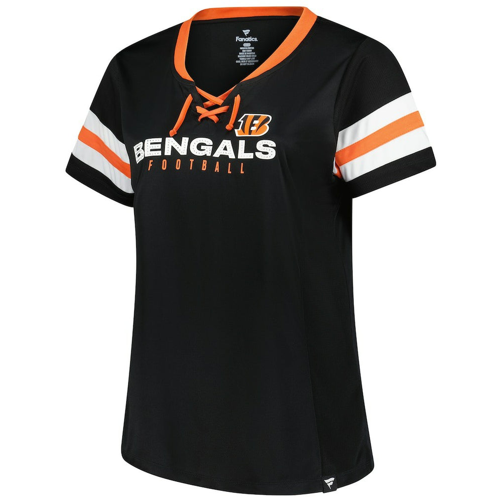 Cincinnati Bengals Women's Plus Size Red Zone Athena Lace-Up V-Notch Neck T-Shirt - Black T-shirts