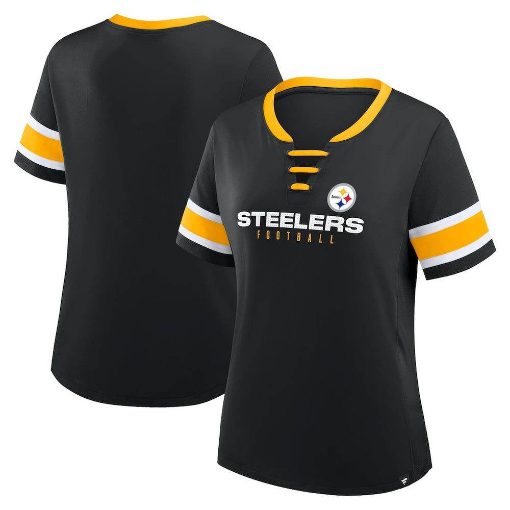 Pittsburgh Steelers Women's Plus Size Red Zone Athena Lace-Up V-Notch Neck T-Shirt - Black T-shirts