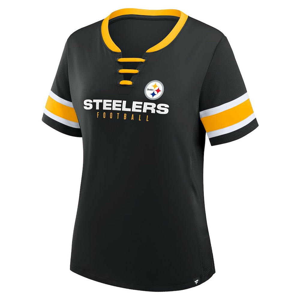 Pittsburgh Steelers Women's Plus Size Red Zone Athena Lace-Up V-Notch Neck T-Shirt - Black T-shirts
