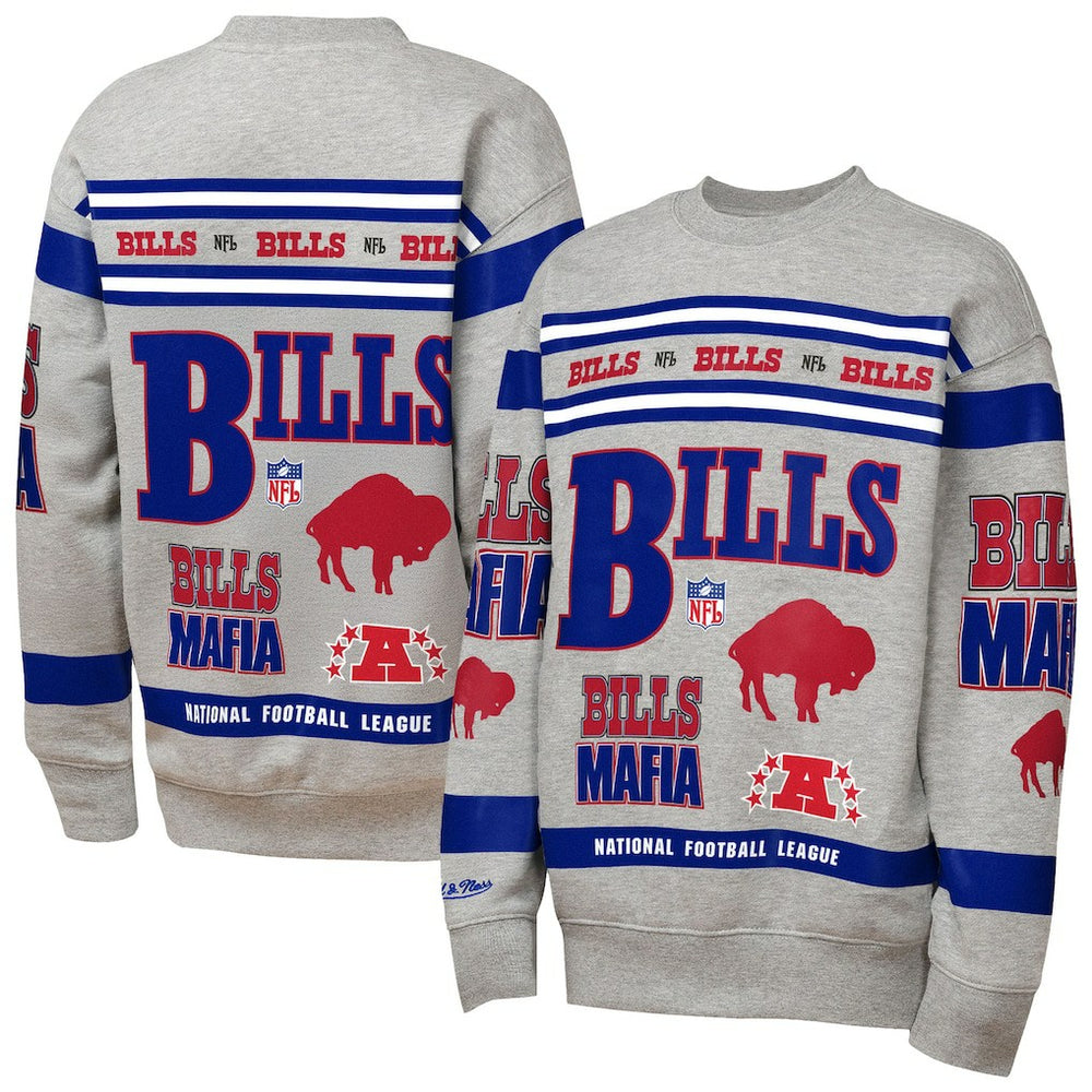 Buffalo Bills Youth Throwback All-Over Print Fleece Sweatshirt - Gray Sweatshirts