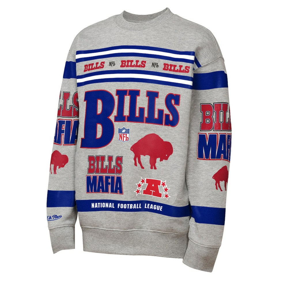 Buffalo Bills Youth Throwback All-Over Print Fleece Sweatshirt - Gray Sweatshirts