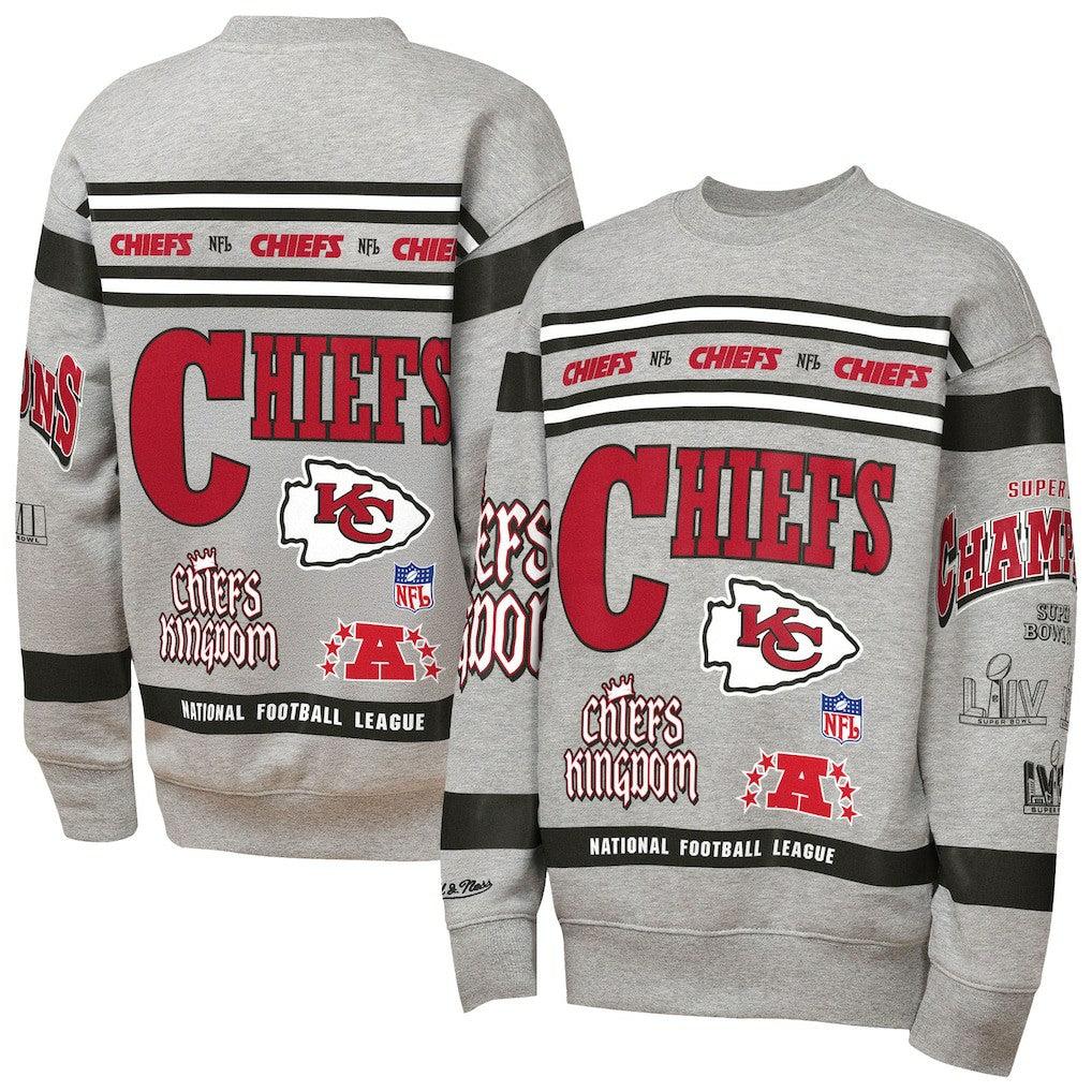 Kansas City Chiefs Youth Throwback All-Over Print Fleece Sweatshirt - Gray Sweatshirts