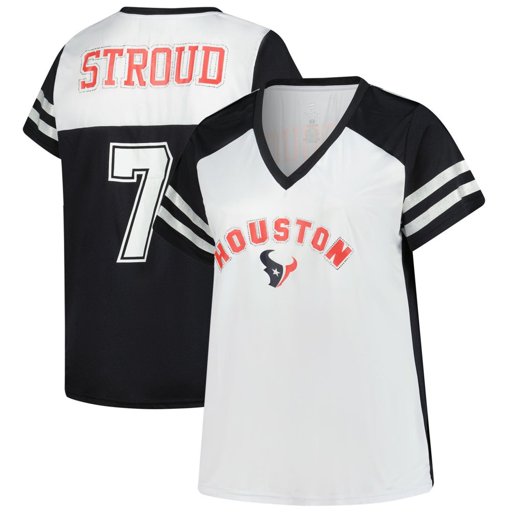 C.J. Stroud Houston Texans Women's Plus Size Bling V-Neck T-Shirt - White T-shirts