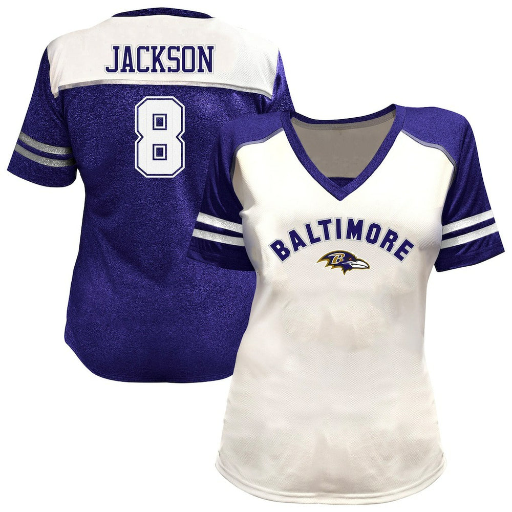 Lamar Jackson Baltimore Ravens Women's Plus Size Bling V-Neck T-Shirt - White T-shirts