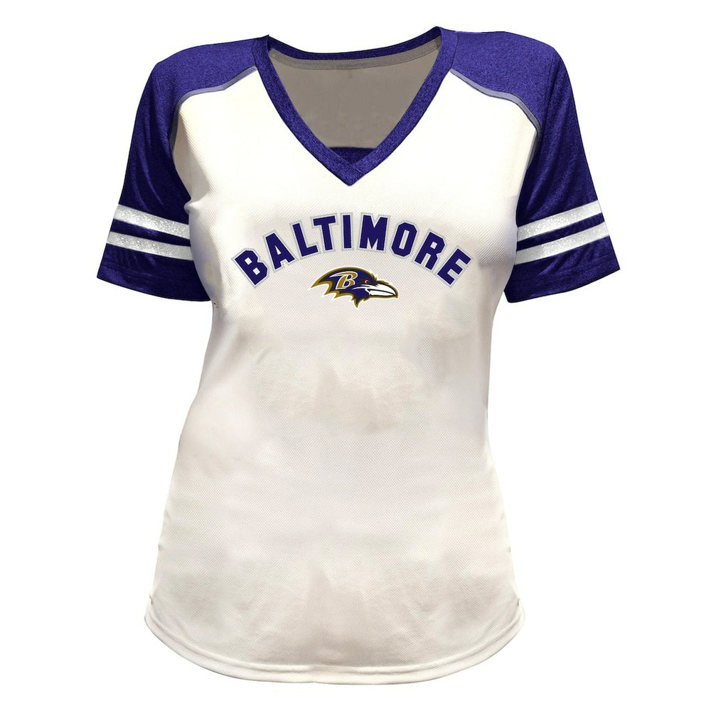 Lamar Jackson Baltimore Ravens Women's Plus Size Bling V-Neck T-Shirt - White T-shirts