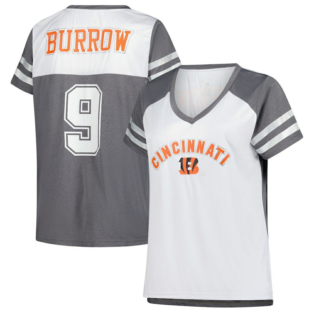 Joe Burrow Cincinnati Bengals Women's Plus Size Bling V-Neck T-Shirt - White T-shirts