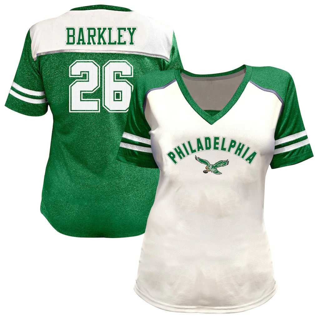 Saquon Barkley Philadelphia Eagles Women's Plus Size Bling V-Neck T-Shirt - White T-shirts
