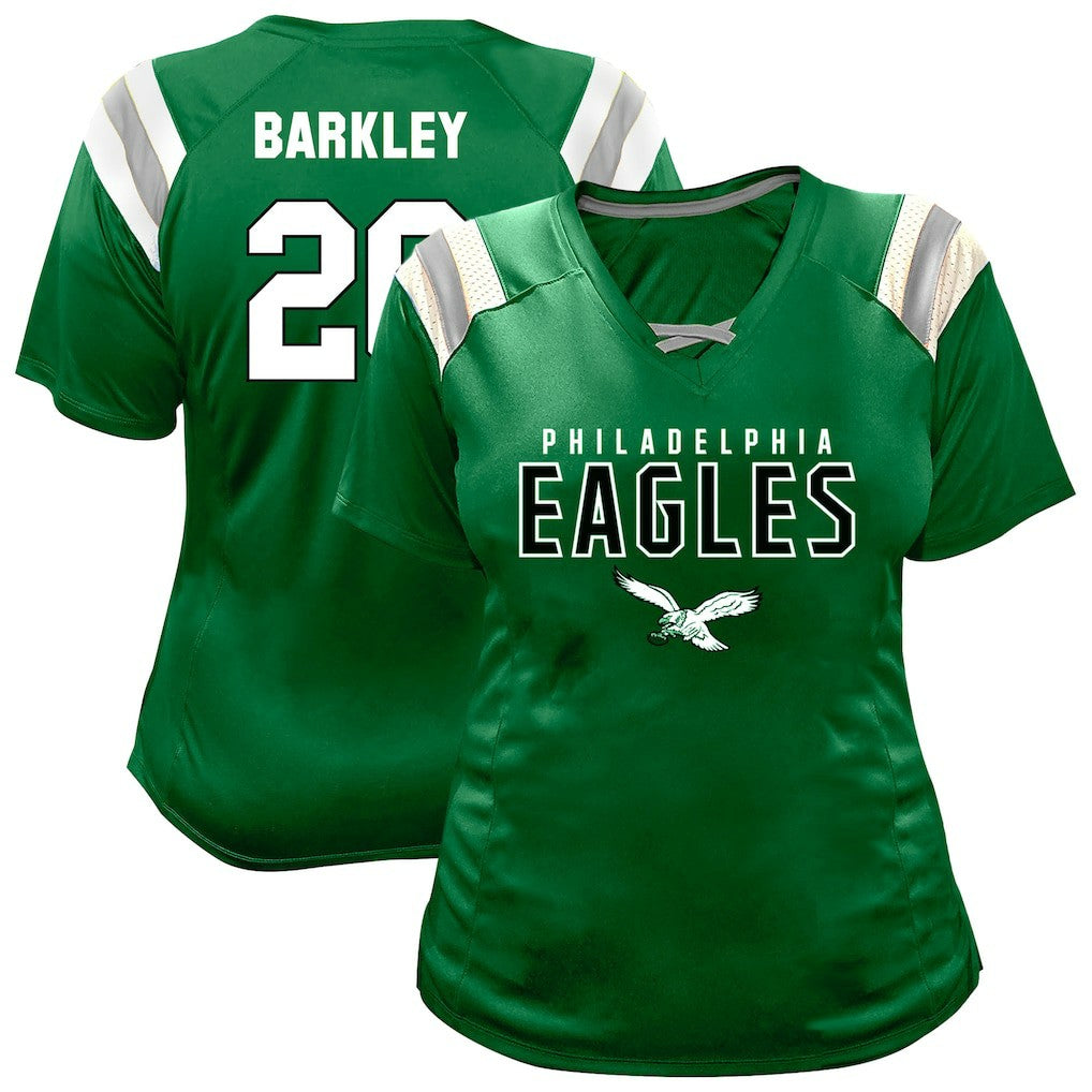Saquon Barkley Philadelphia Eagles Women's Plus Size Name & Number Raglan Lace V-Neck T-Shirt - Kelly Green T-shirts
